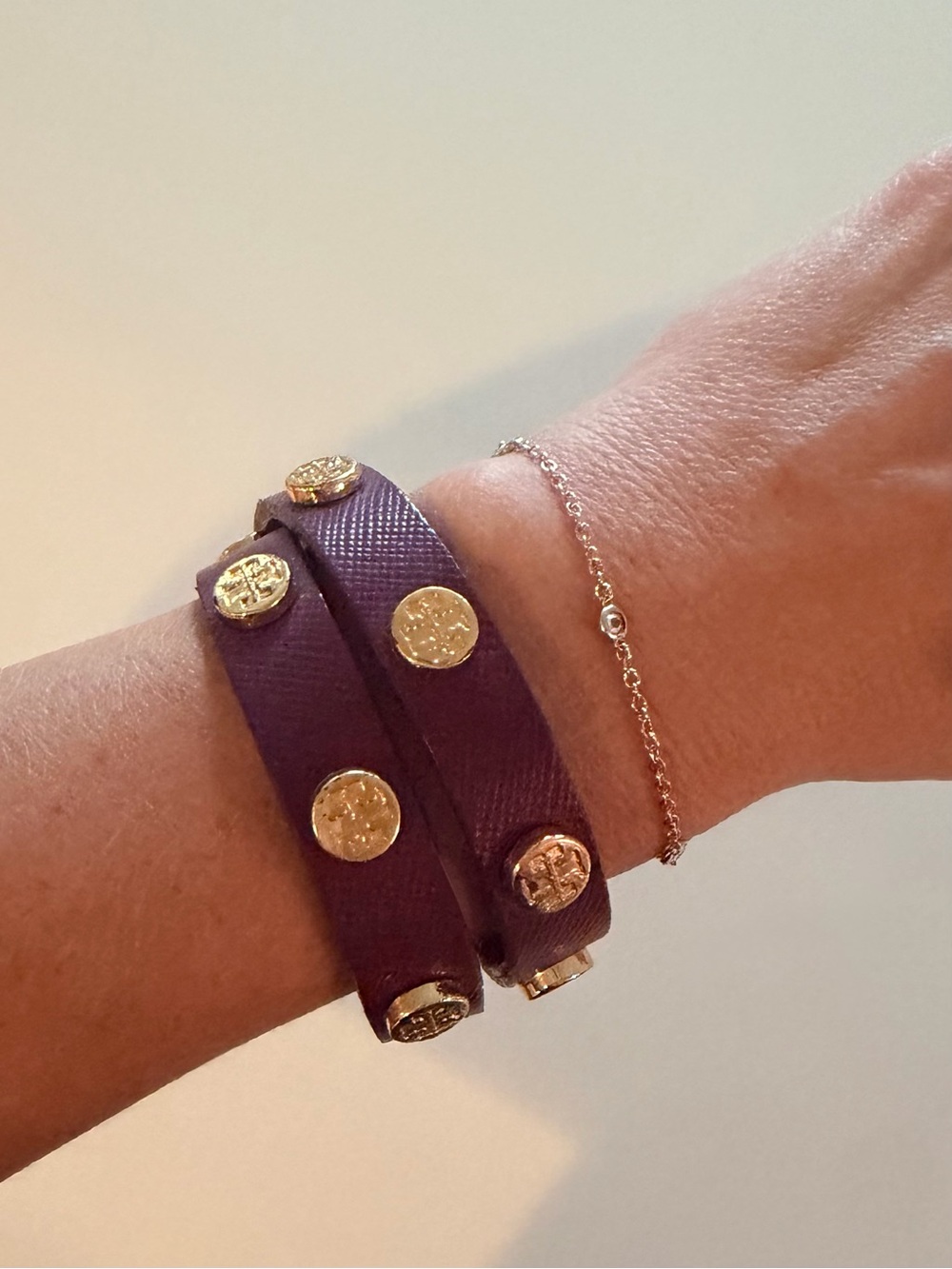 Tory Burch Plum Leather Double Wrap Bracelet with Gold Logo Studs